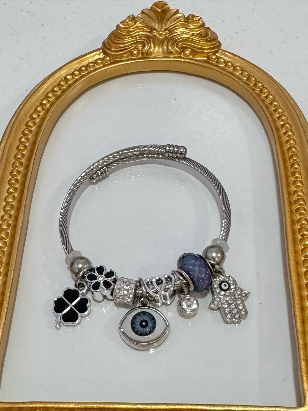 New Stainless Steel Cuff  Charm Bracelet with Blue Eye and Flower Accents
